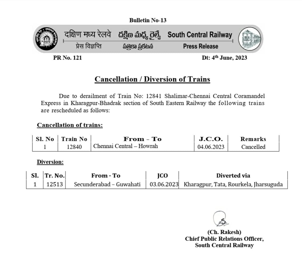 SCRailwayIndia's tweet photo. Bulletin No. 13 - SCR PR No. 121 on "Cancellation / Diversion of Trains" 
@drmvijayawada @drmsecunderabad @drmhyb https://t.co/GL7WfHafqx
