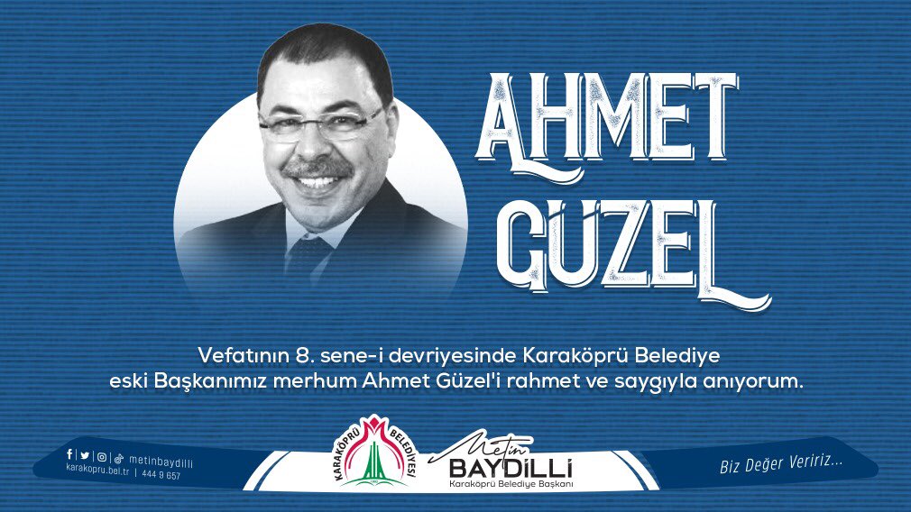 Karaköprü Belediye eski Başkanımız merhum Ahmet Güzel'i vefatının 8. sene-i devriyesinde saygıyla ve rahmetle anıyorum.
Mekanı cennet olsun.