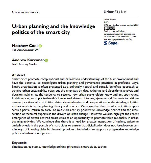 USJ_online's tweet image. Matthew Cook and Andrew Karvonen argue that the rise of #SmartCities represents a partial return to early/mid-twentieth century positivistic knowledge politics in their Open Access #CriticalCommentary paper 
ow.ly/osXv50OB5Sh