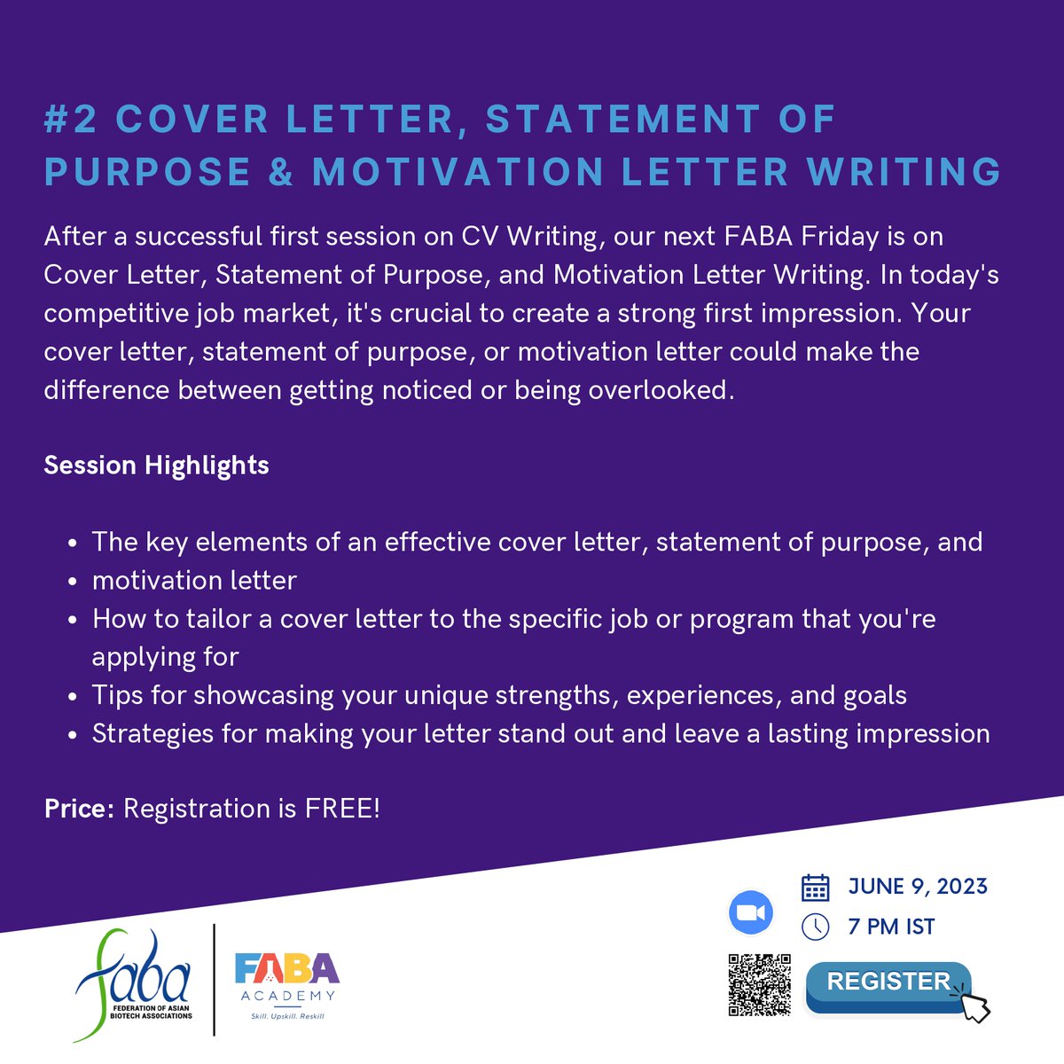 Join us for #FABAFriday on June 9, 7 PM IST. Learn the secrets of crafting an outstanding Cover Letter/Statement of Purpose/Motivation Letter. Don't miss this FREE session to enhance your behavioral skills!Register now: bit.ly/FABAfriday #CareerBoost #WritingSkill #JoinFABA