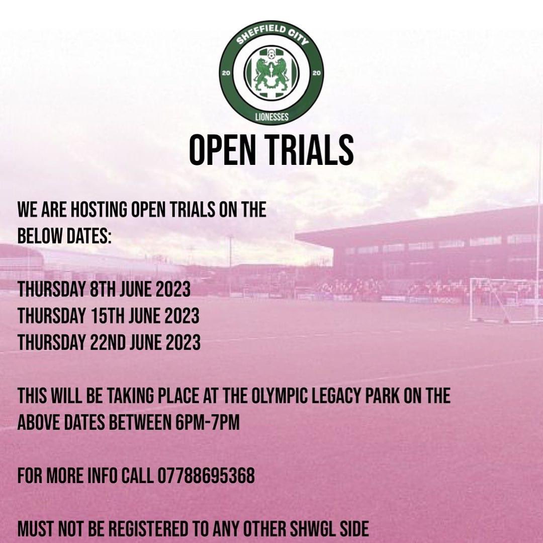 🦁🦁 JOIN OUR NEW LIONESS ⚽️🟢

Please can you all retweet and share this with anyone you think would be interested. 

Call 07788795368 for more info, all training/trials will be on the Olympic legacy park Sheffield 

#footballtrials #womensfootball  #football