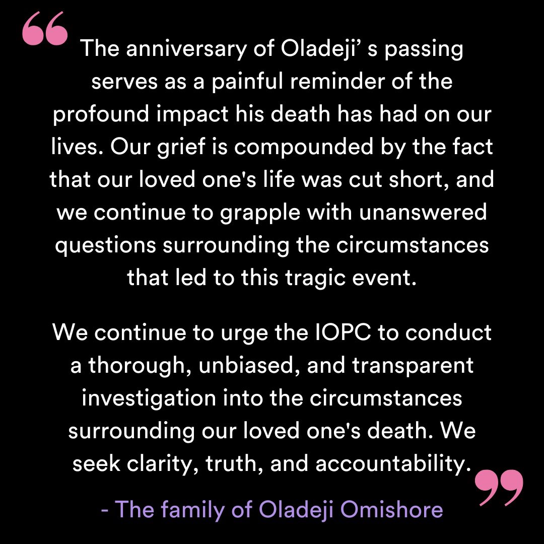 The family of Oladeji Omishore <a href="/justicefordeji/">Justice for Oladeji Omishore</a> are calling for answers, on the anniversary of his death today.

Two officers are now being investigated for potentially failing to cooperate with the ongoing investigation.

Full statement: inquest.org.uk/oladeji-omisho… <a href="/hickmanandrose/">Hickman & Rose</a>
