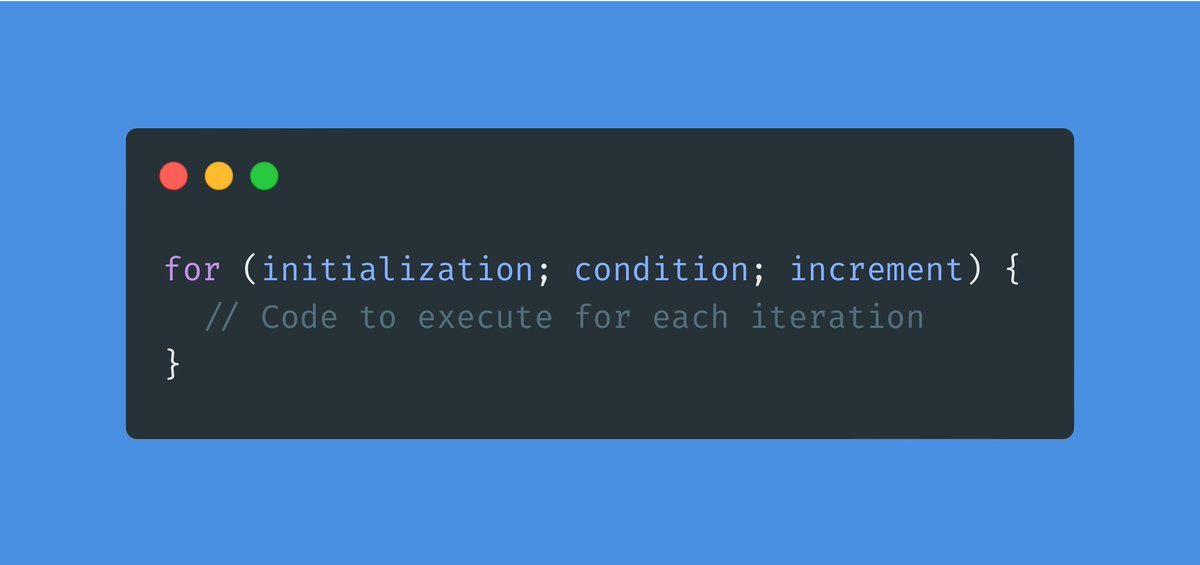 netiserver's tweet image. 42/100: 🔄 Learn about loops, which help you execute code multiple times. Start by understanding the syntax of a for loop:
for (initialization; condition; increment) {
// Code to execute for each iteration
}
#ForLoopSyntax #MicroLearningPHP #NetiServer php.net/manual/en/cont…