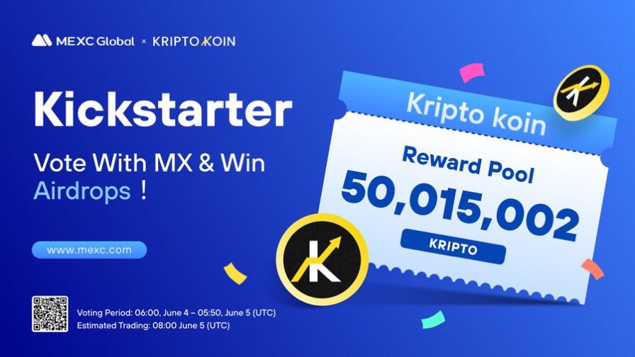 The <a href="/kriptokoin/">Kriptokoin</a> Kickstarter is coming to <a href="/MEXC_Global/">MEXC Global</a>!

🗳️Vote with $MX to support the $KRIPTO listing and sharing 50,015,002 KRIPTO airdrops 
⏰Voting period: 06:00 Jun 4 - 05:50 Jun 5 (UTC)
📈Trading: 08:00 Jun 5 (UTC) 
#HUOBI
Details: shorturl.at/bhDK7