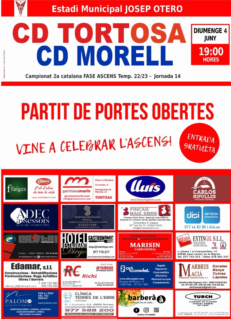 cdtortosa's tweet photo. ⚽️ Últim partit de la temporada! 🔚
Vine a ľEstadi a despedir ľequip amb nosaltres i celebrar ľascens a #1cat. 🔴⚪
✅ ENTRADA GRATUÏTA! 
CD TORTOSA - @CDMorell
SB Immobiliària Esponsor Oficial 1r Equip CDT
#PlayOff #Ascens #2cat #FCF #Tortosa #Morell #TerresdelEbre https://t.co/FclSuykIhu