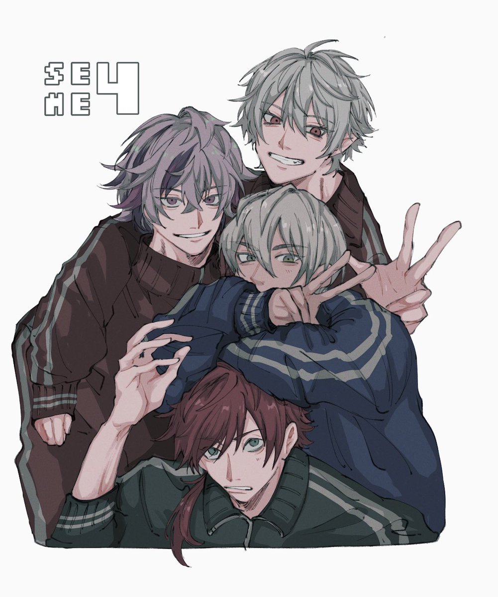 kuzuha (nijisanji) multiple boys male focus jacket grey hair track jacket smile green eyes  illustration images