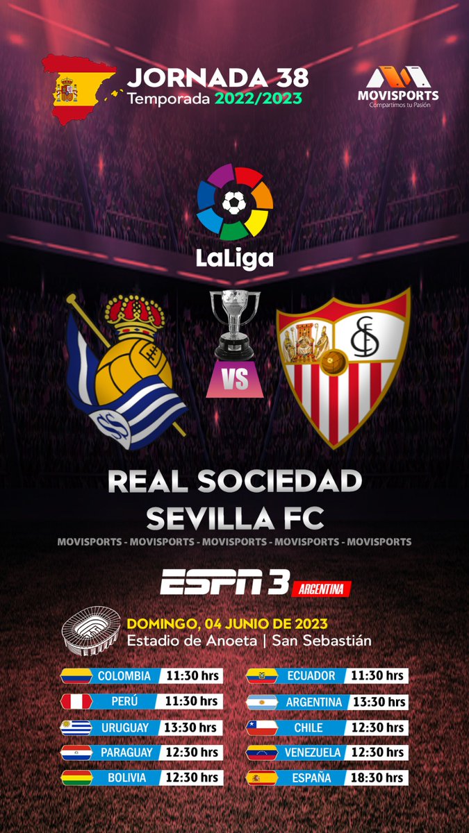 DOMINGO 📺▶#LaLigaxESPN 
@RealSociedad 🆚 @SevillaFC

Relata:🎙️ @MechiMargalot
Comenta:🎙️ @WolffPedro

🖥️📱▶️ @ESPNArgentina @StarPlusLA

#LaLigaSantander #FutbolEspañol ⚽🇪🇸🏆