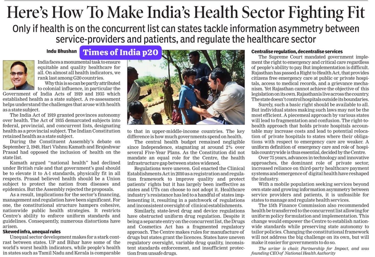 My article on the need to shift health to the concurrent list of the seventh schedule of the Constitution.