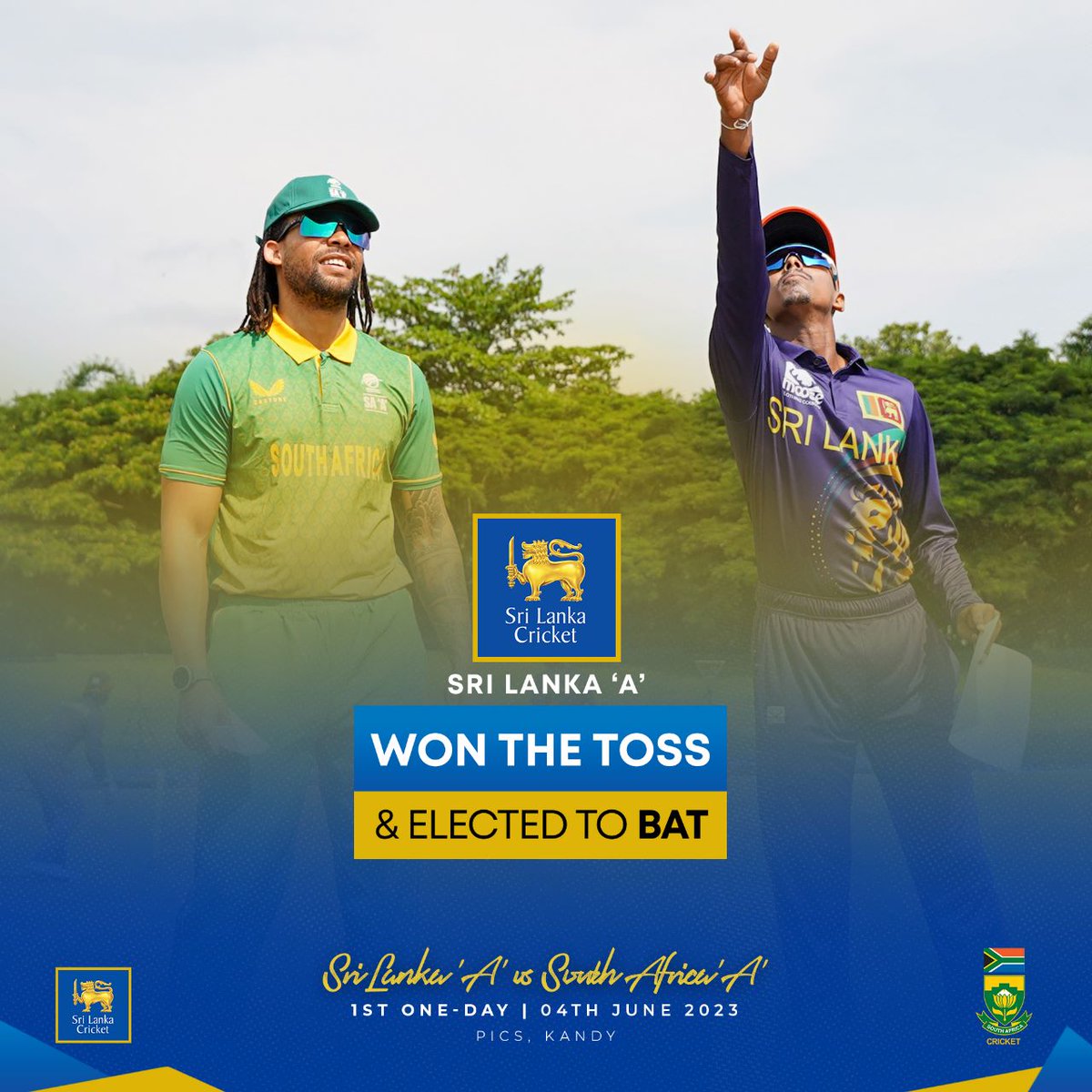 Sri Lanka 'A' won the toss and elected to bat first at PICS, Kandy.

#SLvSA #SLATeam
