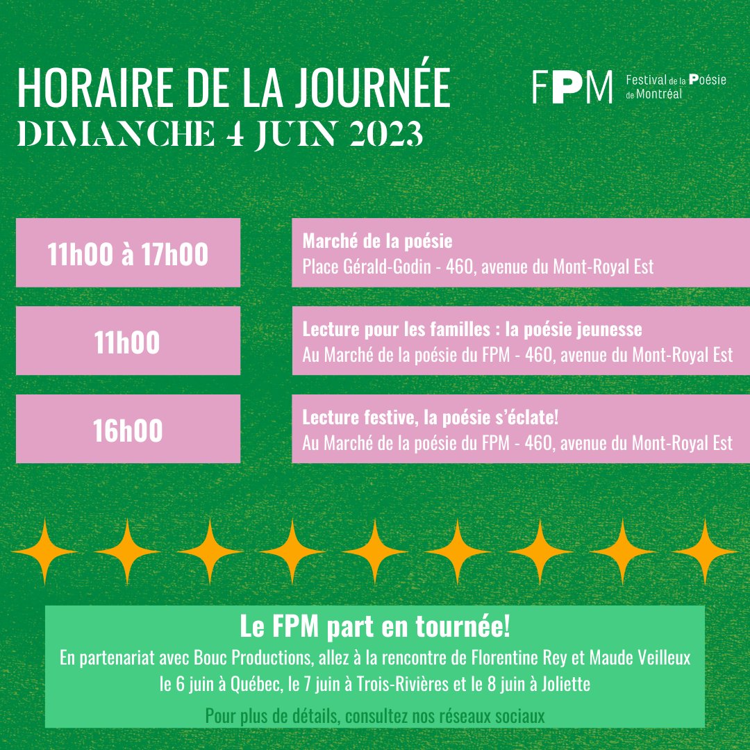 Dernière journée du FPM! Vous avez jusqu’à 17 h pour venir au Marché de la poésie. Ne manquez pas l’occasion de rencontrer des poètes et des éditeur·trices de maisons d’édition et de revues!
#FPM2023 #mtl #poésie