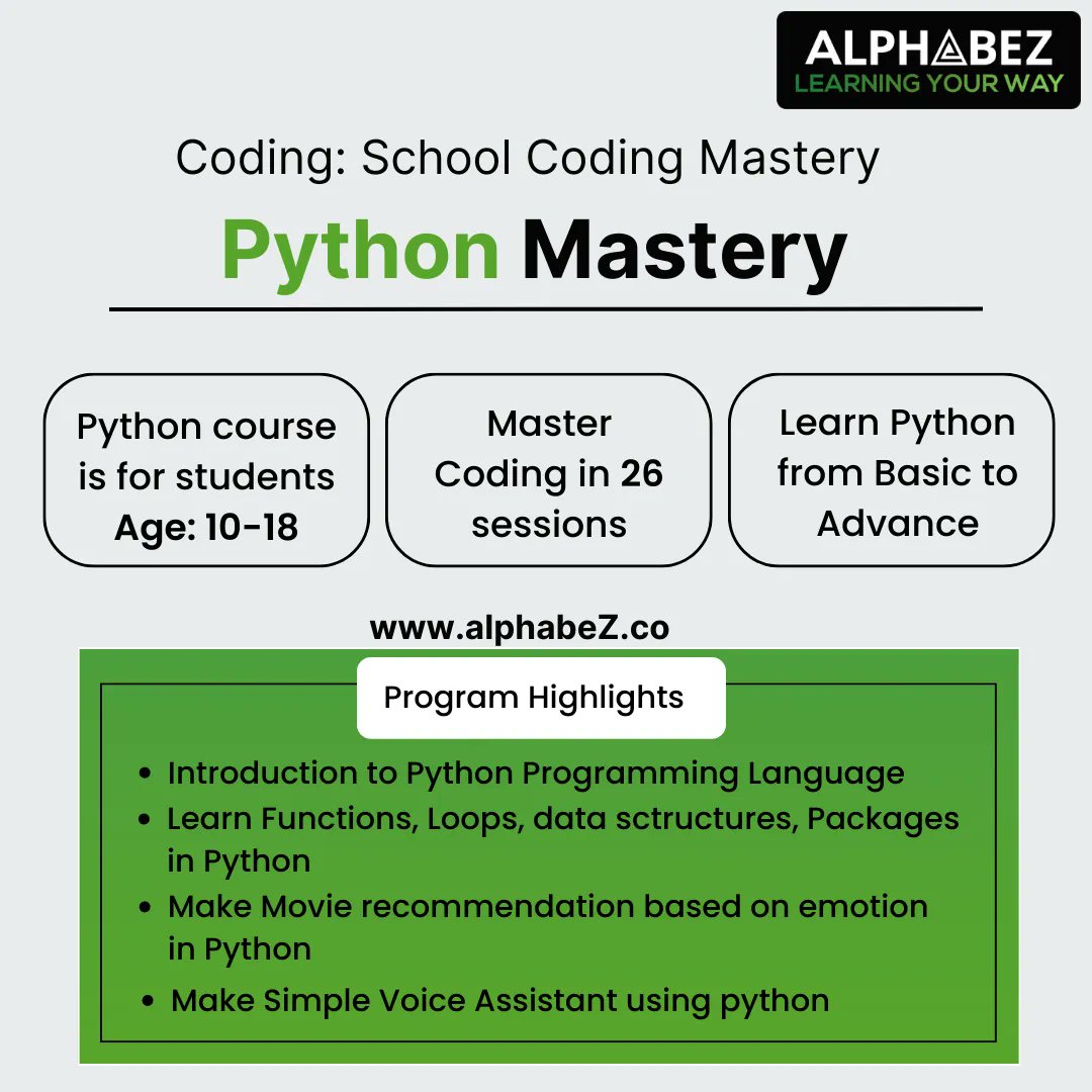 alphabez2022's tweet image. #coding #alphabeZ #alphabeZcodingclasses #elearning #onlineclass #python #ai #github #learn #codingclass #career #movierecommendation #pythonprogramming #pythonprojects #pythoncode #schoolstudents #schoolparents #onlineclassesforkids #codingforkids #voiceassistant