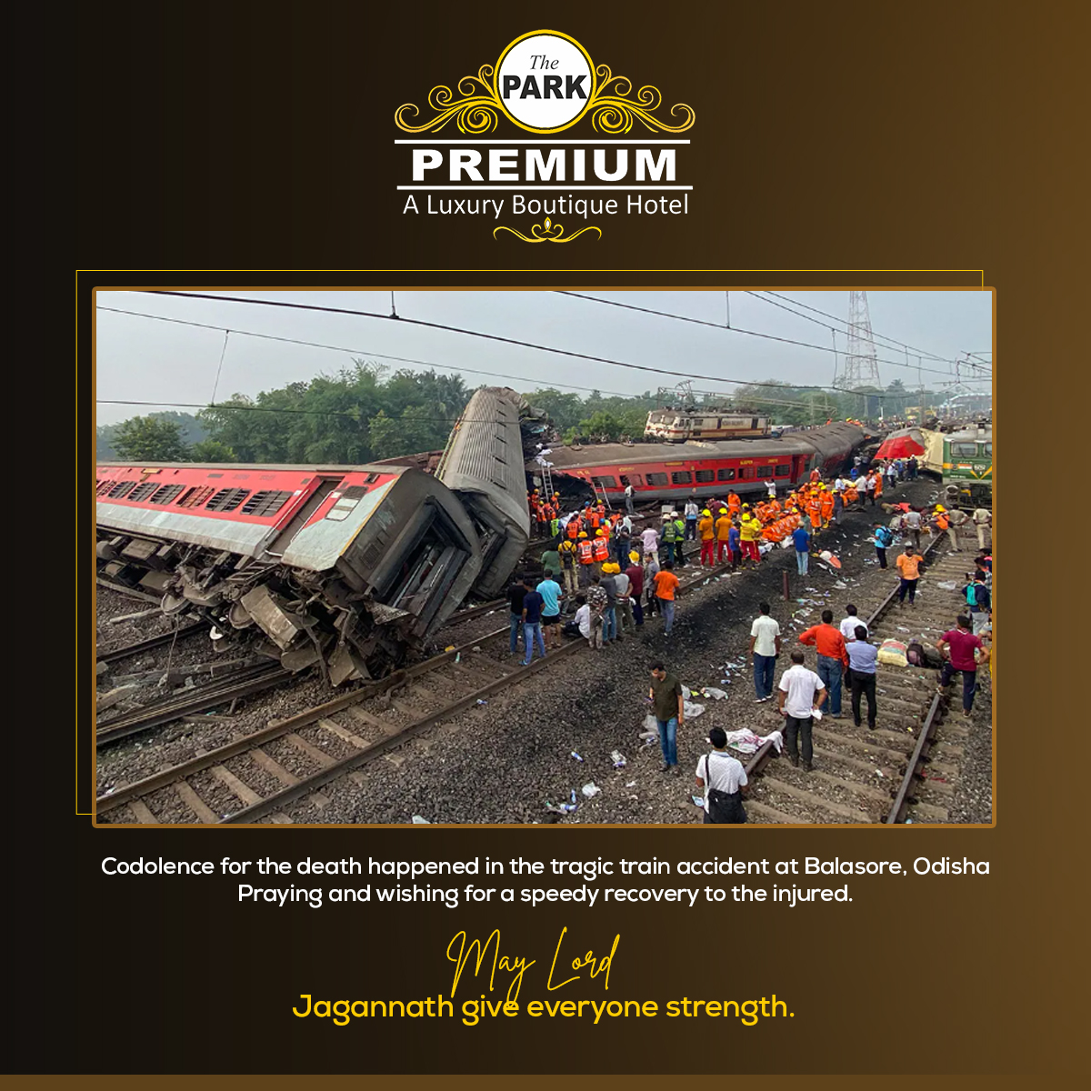 thepark_premium's tweet photo. Condolence for the death happened in the tragic train accident at Balasore, Odisha. Praying and wishing for a speedy recovery to the injured. JAI JAGANNATH🙏🏻.
.
.
#theparkpremium #balasoreaccident #staysafe #condolences #bhubaneswarbuzz #Bhubaneswar #mybhubaneswar https://t.co/wT5JGlbcsW