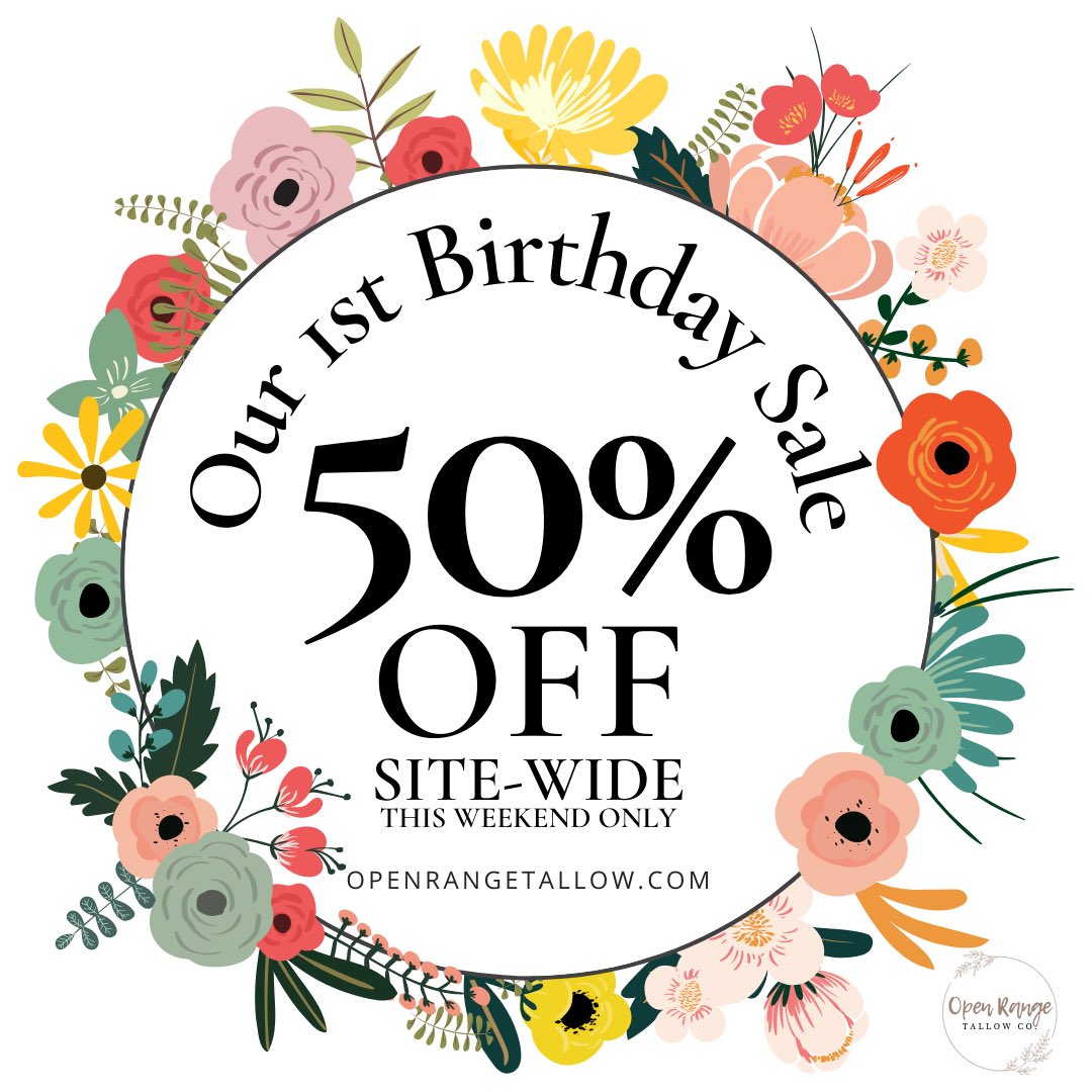 OpenRangeTallow's tweet image. Join the grand celebration! Open Range Tallow Co.'s One Year Birthday Sale is here, and we're going big with a jaw-dropping
50% off our entire site!
Discount automatically applied at checkout. 
Offer ends 06/05 (11:59 PM) or while supplies last. Excludes sale items &amp;amp; bundle sets.