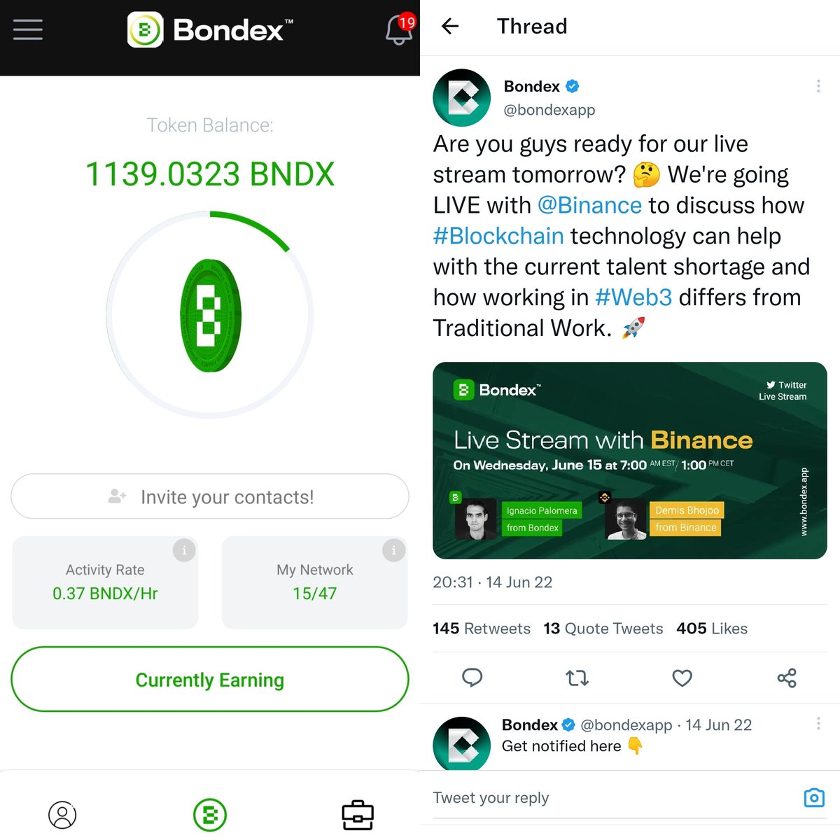 Bondex is web3 social platform which allows you to find job in crypto field just like LinkedIn. Mine free BNDX. 

bondexapp.page.link/JGbsBC5yvG4XSW…