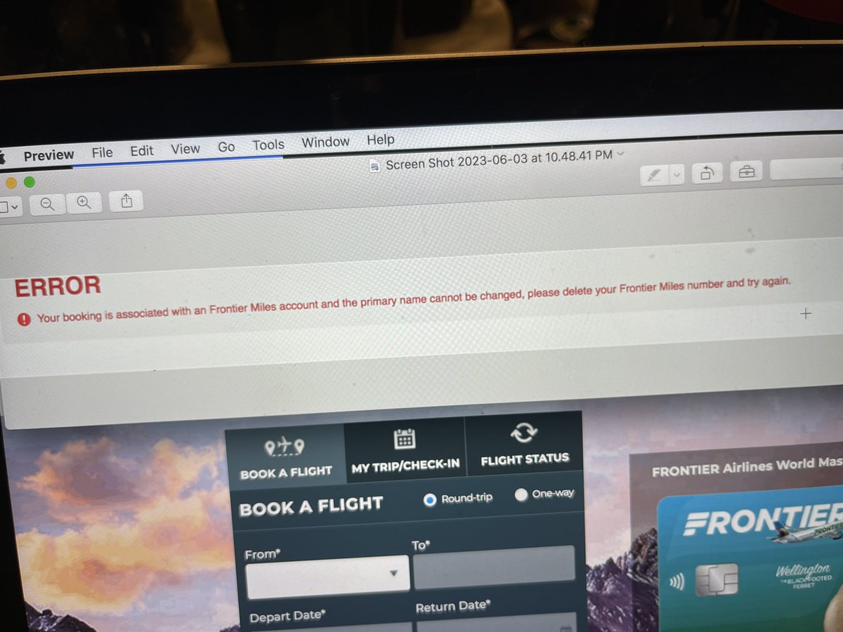KyleRamkumar's tweet photo. @FrontierCare keep getting this error when I go to book with no way of changing and chat is no help https://t.co/4wAGyB6hX7