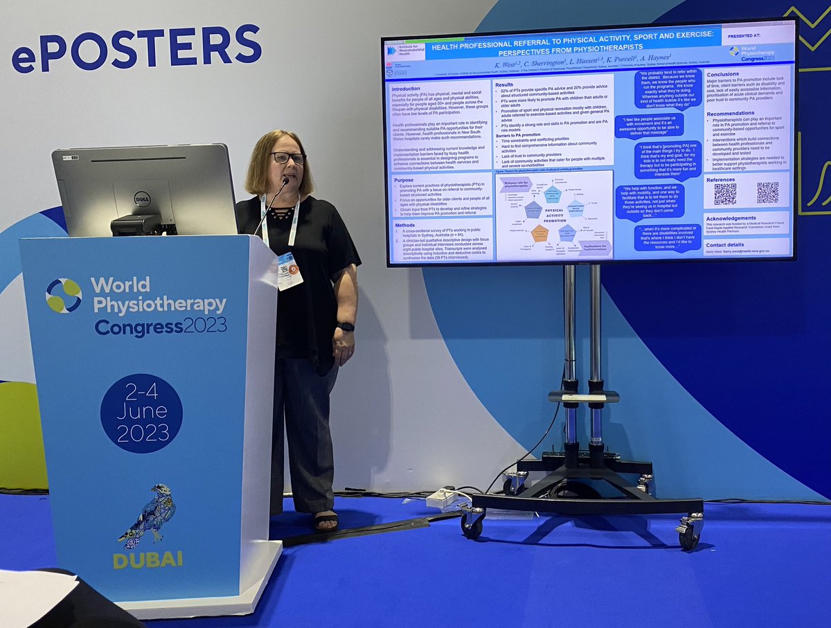 Great to see <a href="/msk_health/">Institute for Musculoskeletal Health</a> PhD candidates on the international stage at #WorldPhysio2023 sharing their research on tech in rehab-<a href="/LouisePearce_/">Louise Pearce</a> , physios promoting #PhysicalActivity- <a href="/KerryWest01/">Kerry West</a> &amp; active women after 50- <a href="/GeraldineWallb1/">Geraldine Wallbank</a>