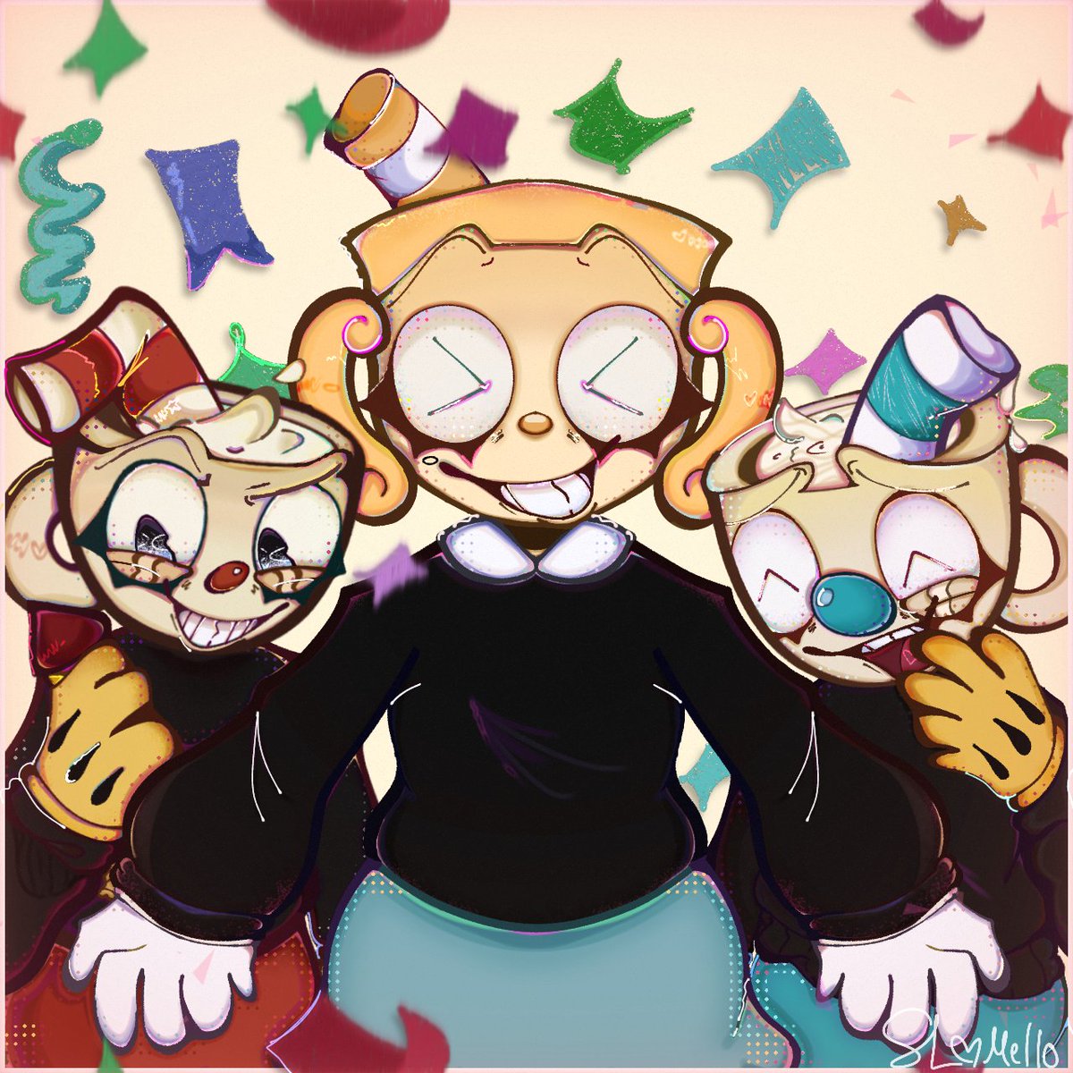 mello_ghostt's tweet photo. @CupheadContext Hiii!!! I'm Mello and I'm a black agender demiromantic bisexual artist!! :] I draw a bunch of things mainly pertaining to my own ocs, my friends ocs with the occasional cuphead art ^_^ https://t.co/F67uJqgIbM