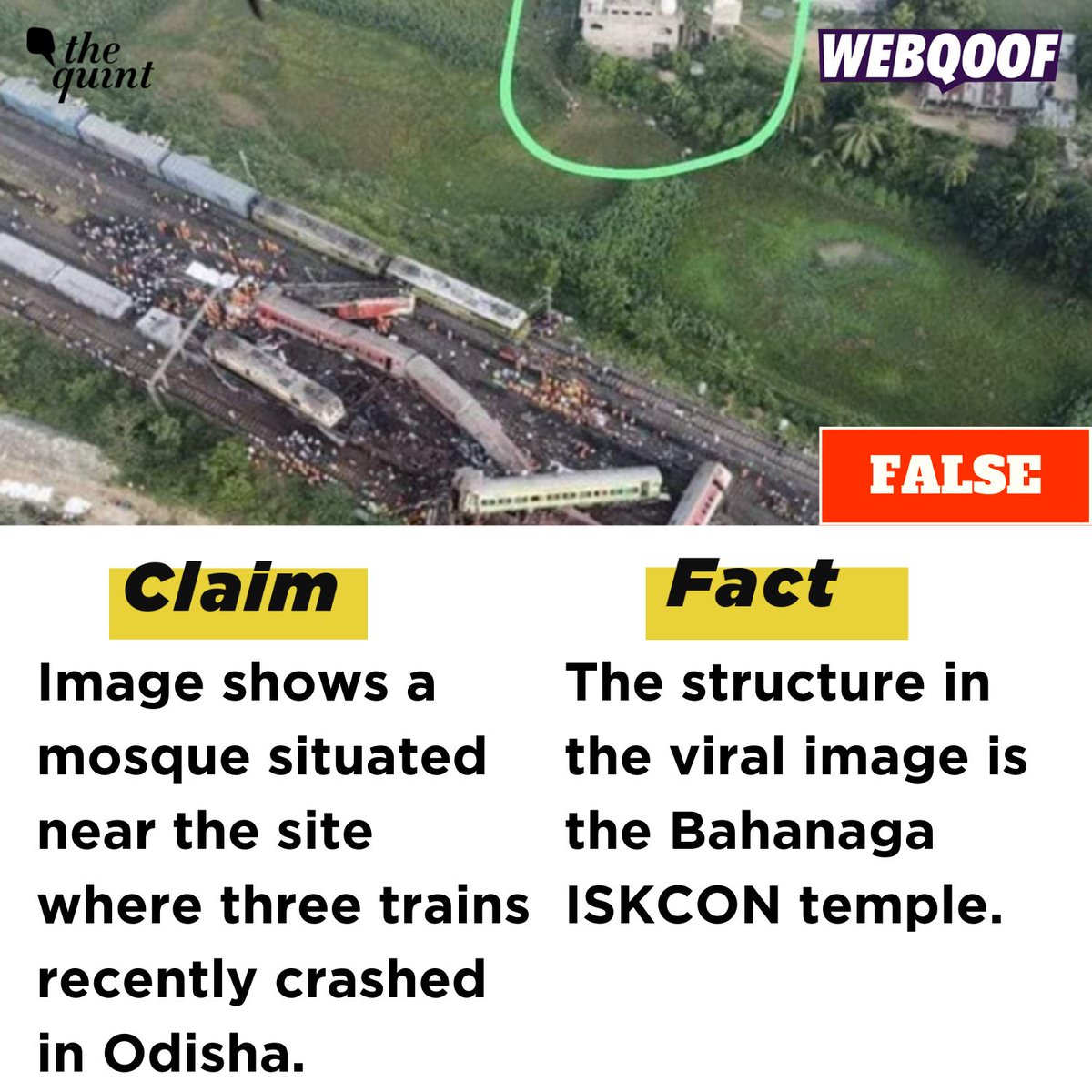 #WebQoof | An image showing an aerial view of the train crash site in #Odisha is being shared with a false claim that a mosque is  situated near the site. However, it is an ISKCON temple. 

Read here: shorturl.at/hWYZ1