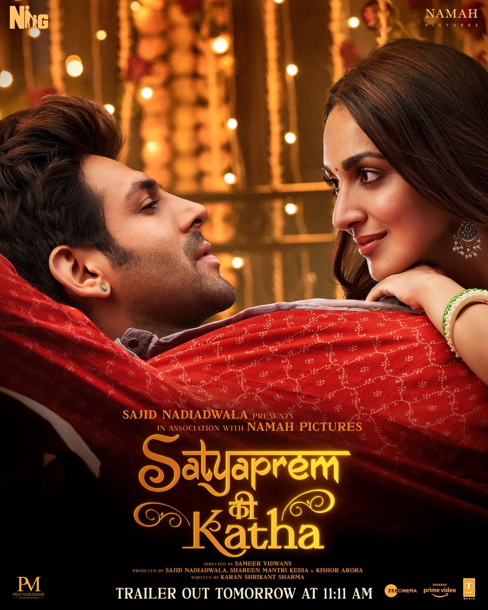 Watch the tale of pure love unfold! #SatyaPremKiKathaTrailer OUT TOMORROW at 11:11 am! 🤍✨ 

#SajidNadiadwala #SatyaPremKiKatha #29thJune 

@TheAaryanKartik @advani_kiara @sameervidwans @shareenmantri @kishorarora19 @karandontsharma @namahpictures @WardaNadiadwala 

@raogajraj…