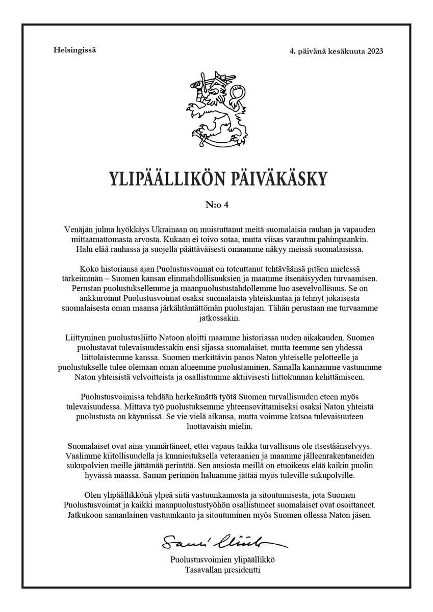 niinisto's tweet photo. Hyvää puolustusvoimain lippujuhlan päivää. https://t.co/vFVUZhCc1Z