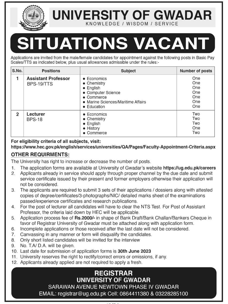 uniofgwd's tweet photo. #SituationsVacant
#UniversityofGwadar https://t.co/OEhloxbj8i