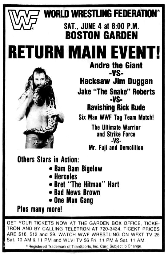 On this day in 1988: WWF action at the Boston Garden, Boston, Massachusetts. 🤼 @RealHacksawJim #WWF #WWE #Wrestling #HacksawJimDuggan #AndretheGiant #RickRude #JakeRoberts