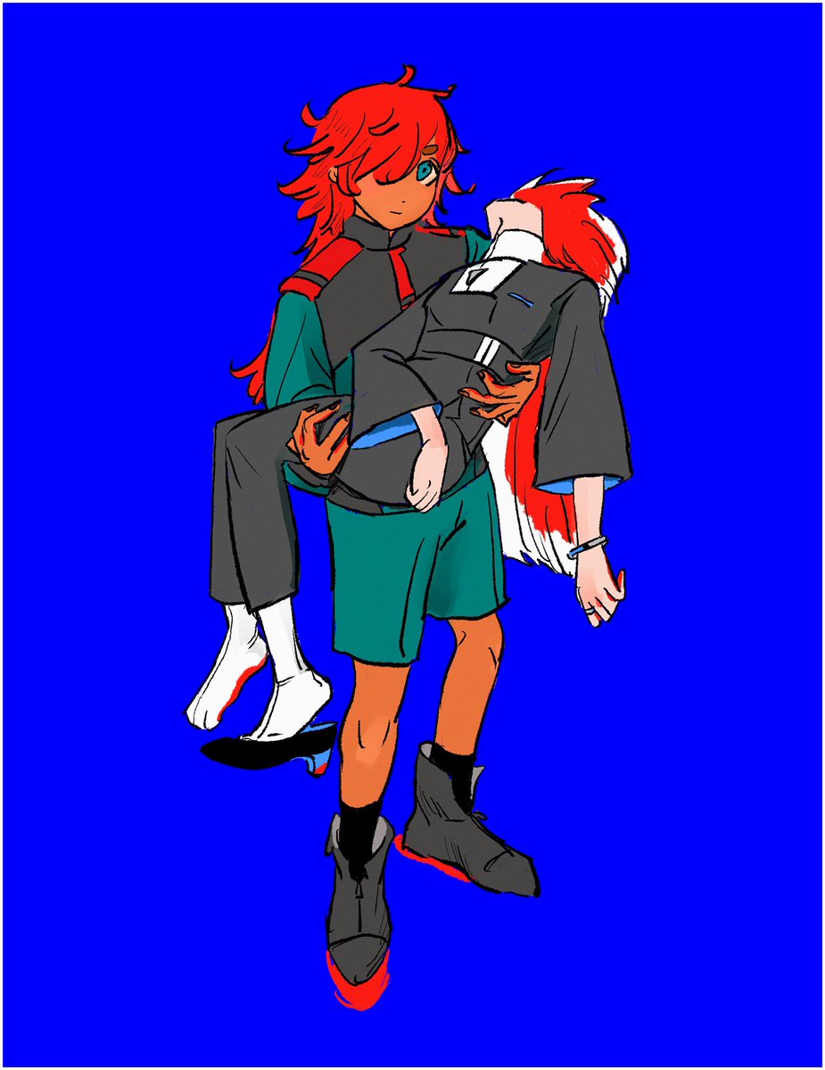 suletta mercury red hair asticassia school uniform school uniform long hair blue background green shorts princess carry  illustration images