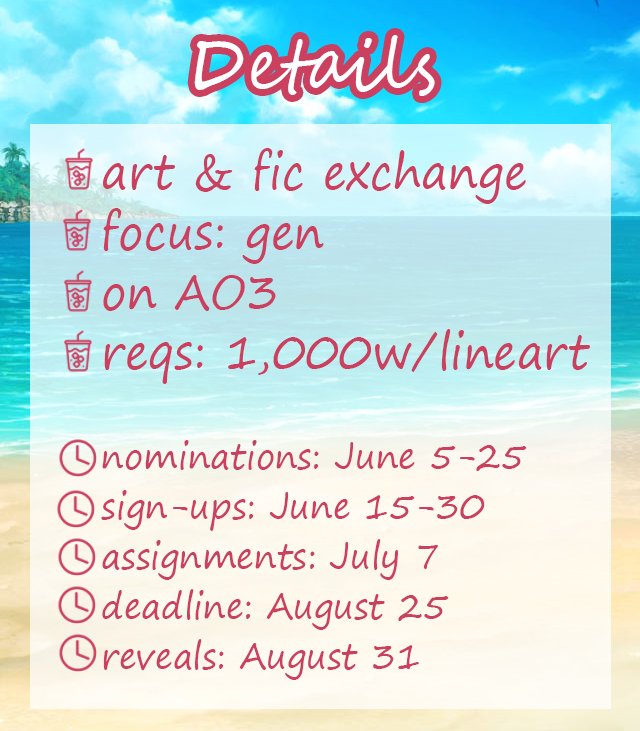 Tales_Events's tweet photo. 🥤Sweet Soda🥤is an exchange for gen subjects: character studies, platonic relationships, and world-building. 
Sign-ups open on June 15; nominations open June 5!
For more information, see here: https://t.co/gGRY1xHOVU https://t.co/DPd8QsfXOs