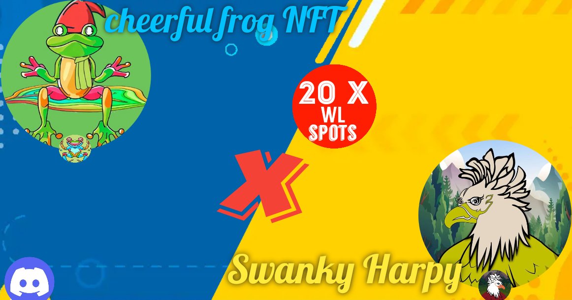 🐸Cheery Collab GIVEAWAY! 🐸

💦Prizes:

☘️20 x WL from Metaverse Space Riders

☘️20 x WL spots from Swanky Harpy

How to Participate and Win :

1️⃣Follow 
@CFS_NFT 
@HarpySwanky
And @Jamesz097 

2️⃣ RT & ❤️

3️⃣Tag 4 friends
#drops #giveaway #nft
#Jämës🤝