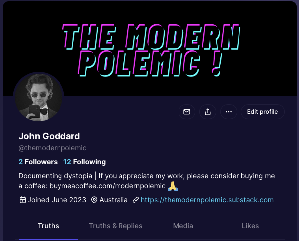 If any of you psychos are on Truth Social, come connect! - @themodernpolemic

FREEDUMB!