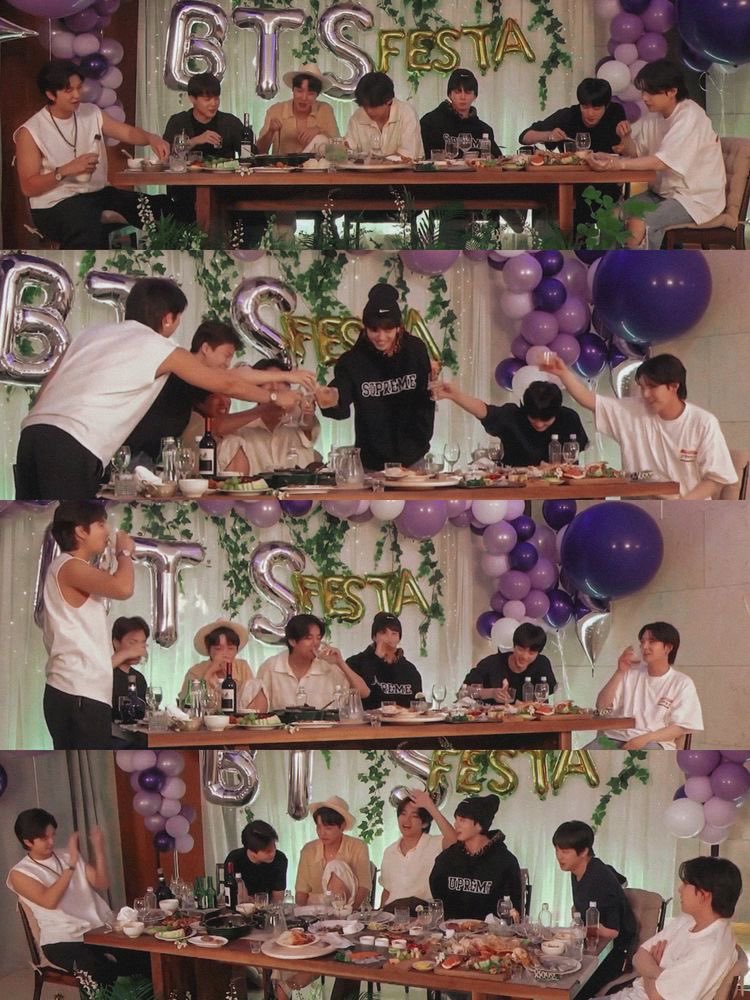 celebrating #BTS10thAnniversary, while thinking of 2022 Festa, it’s such a blur now & so much has happened since! 💜
.
2022 Festa in four photos — family photo 1, family photo 2, “My You” — song for Army from jk, and #BTS dinner party. 

#BTSARMY #2022festa #BTS9thAnniversary