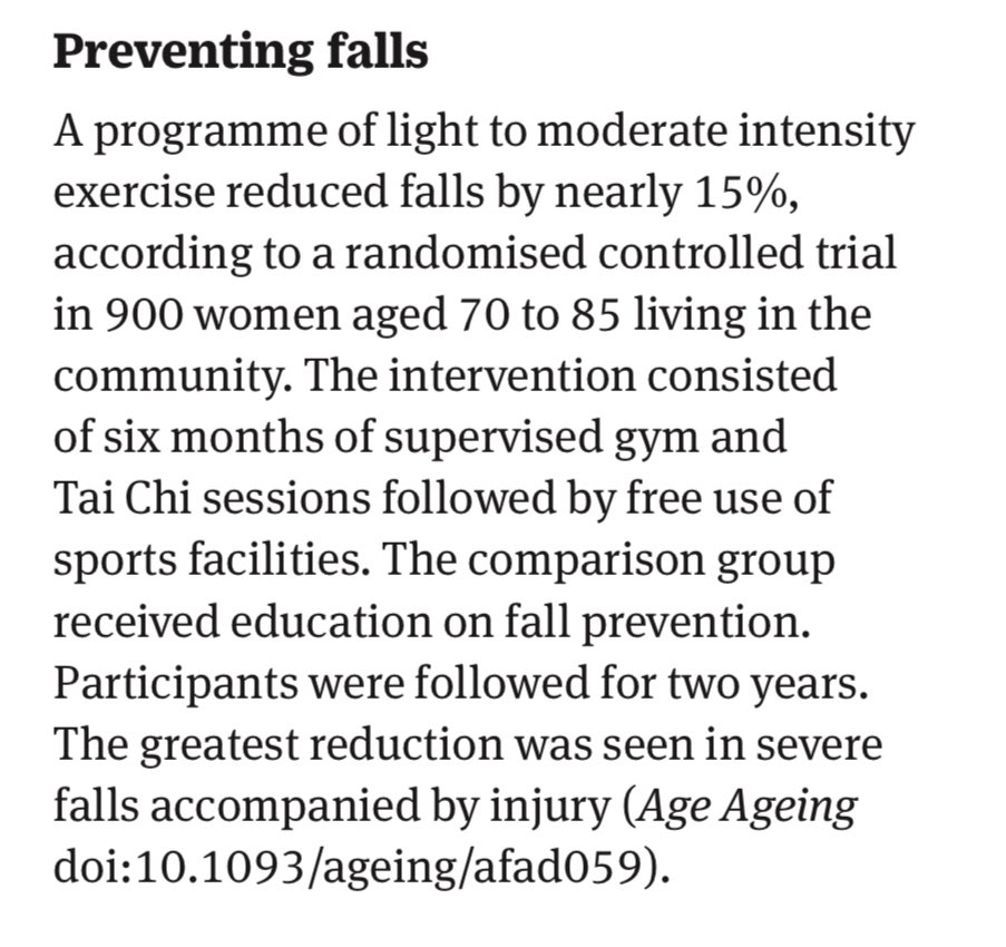 Preventing falls is a good thing. 

A snippet in the <a href="/bmj_latest/">The BMJ</a> here on a study from <a href="/Age_and_Ageing/">Age_and_Ageing</a>. We have a “Steady Steps” programme in Edinburgh from <a href="/Edinburgh_CC/">The City of Edinburgh Council</a> with some similarities to this one.

Interesting to note the biggest reduction was in the worst falls.