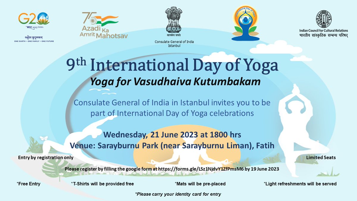 📣 Registrations for 9th International Day of Yoga are now open. Please register at the link provided below. Registration open up to 19th June only.

forms.gle/LSz1NjdvY1ZfPm…

#IDY2023 #YogaforVasudhaivaKutumbakam #InternationalDayofYoga2023 
#HarAnganYoga