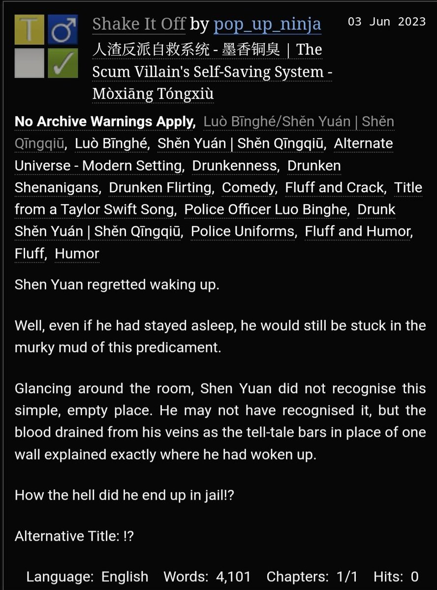 #Bingyuanweek2023

Prompt: Drunken Mistakes

Drunk Shen Yuan & Police Officer Binghe

(I promise it's the 4th for me, it's like 7am, I'm tired)

archiveofourown.org/works/47628481