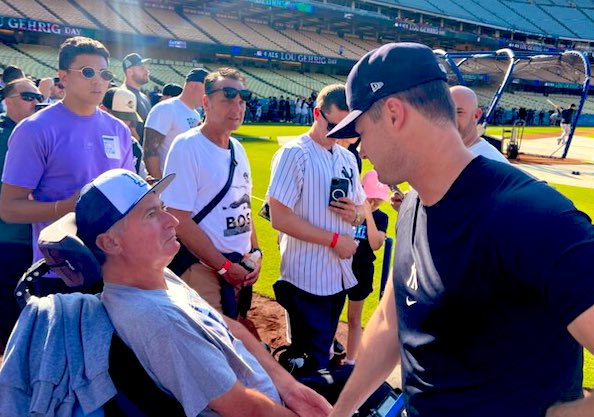 The @Dodgers observed #LouGehrigDay with a special home plate ceremony featuring #ALS Champion and #LG4Day committee member @pjgreen. Phil's son, Parker, threw the first pitch to retired Dodger first baseman and ALS advocate Steve Garvey, before an  game against the @Yankees