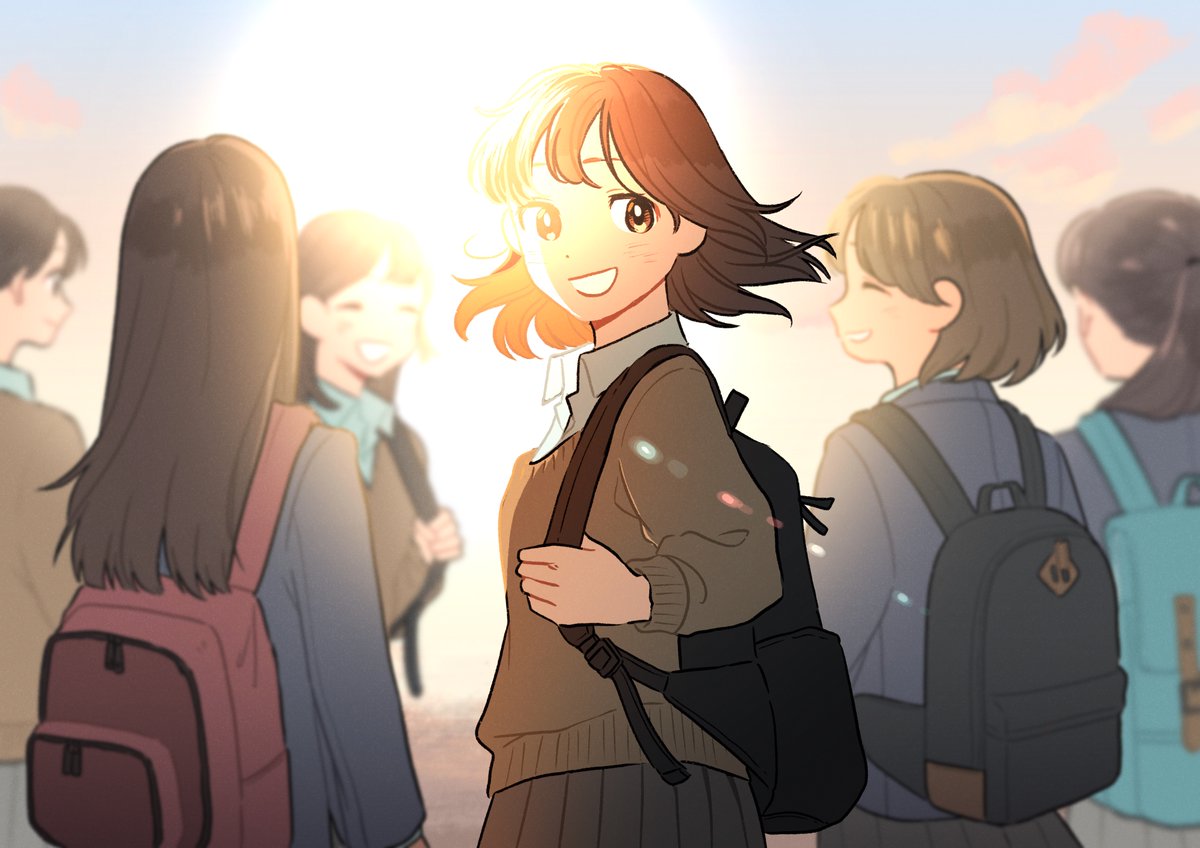 multiple girls backpack bag brown hair smile school uniform skirt  illustration images