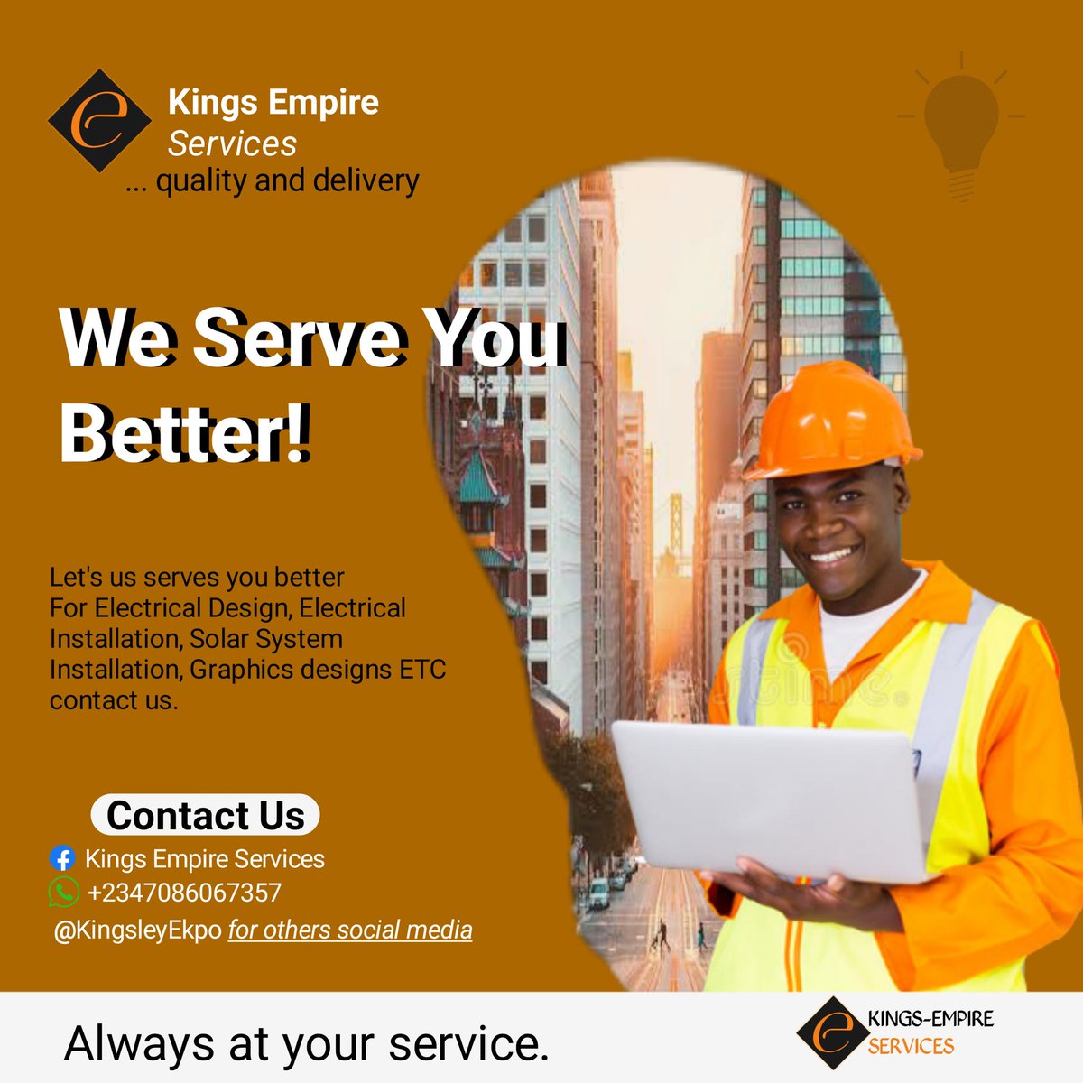 #KingsEmpireServices

We Serve You Better

#electricalinstallation #solarinstallation #electricaldesign #graphicdesign
