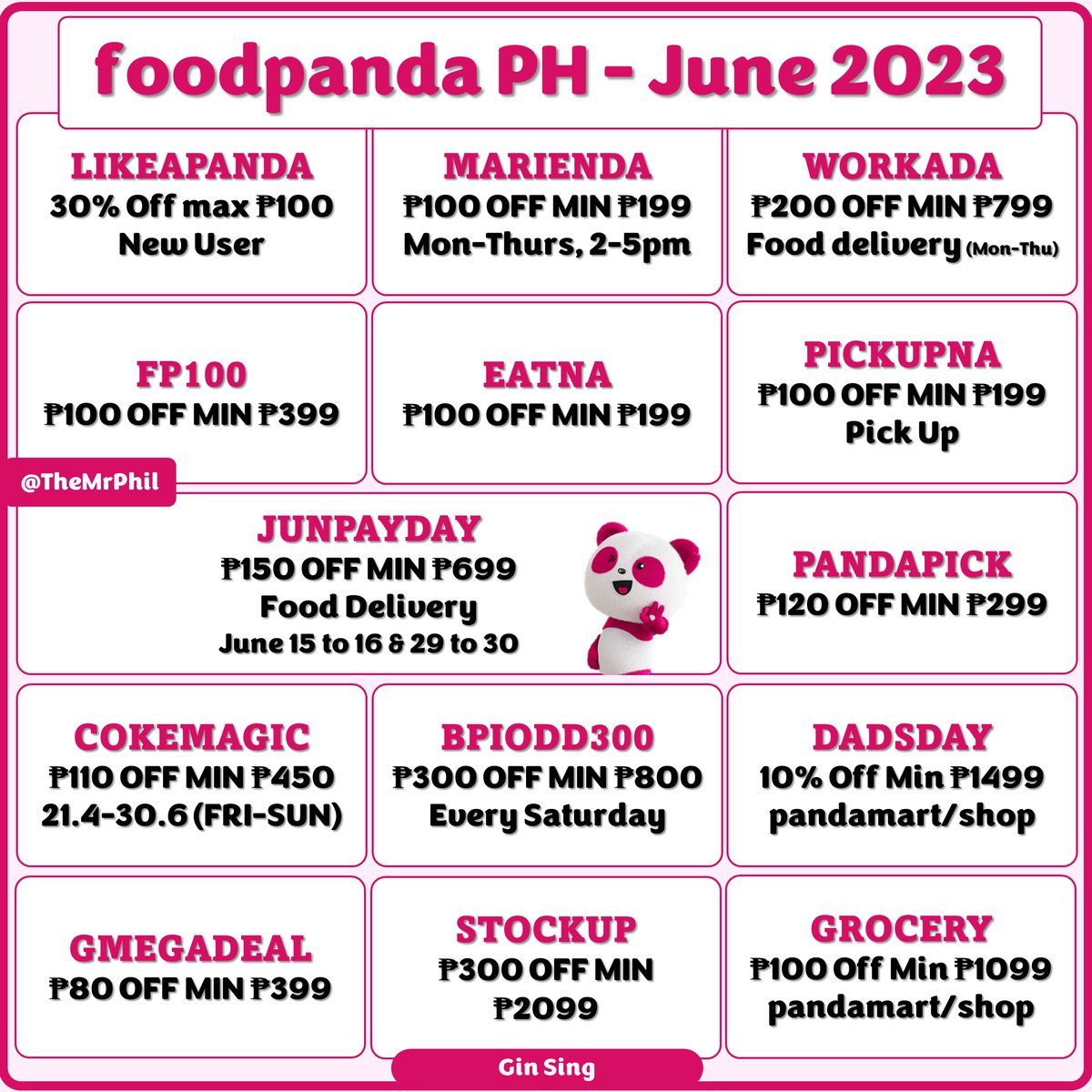 foodpanda Philippines - Today's Vouchers
Go: promocodes.my/order/foodpand…

LIKEAPANDA
30% Off max ₱100

FP100
₱100 OFF MIN ₱399

EATNA
₱100 OFF MIN ₱199

For complete list of vouchers
bit.ly/foodpandaPH-ju…

#foodpandaPH
~
Agoda PH Hotel Promotions
promocodes.my/agoda/ph