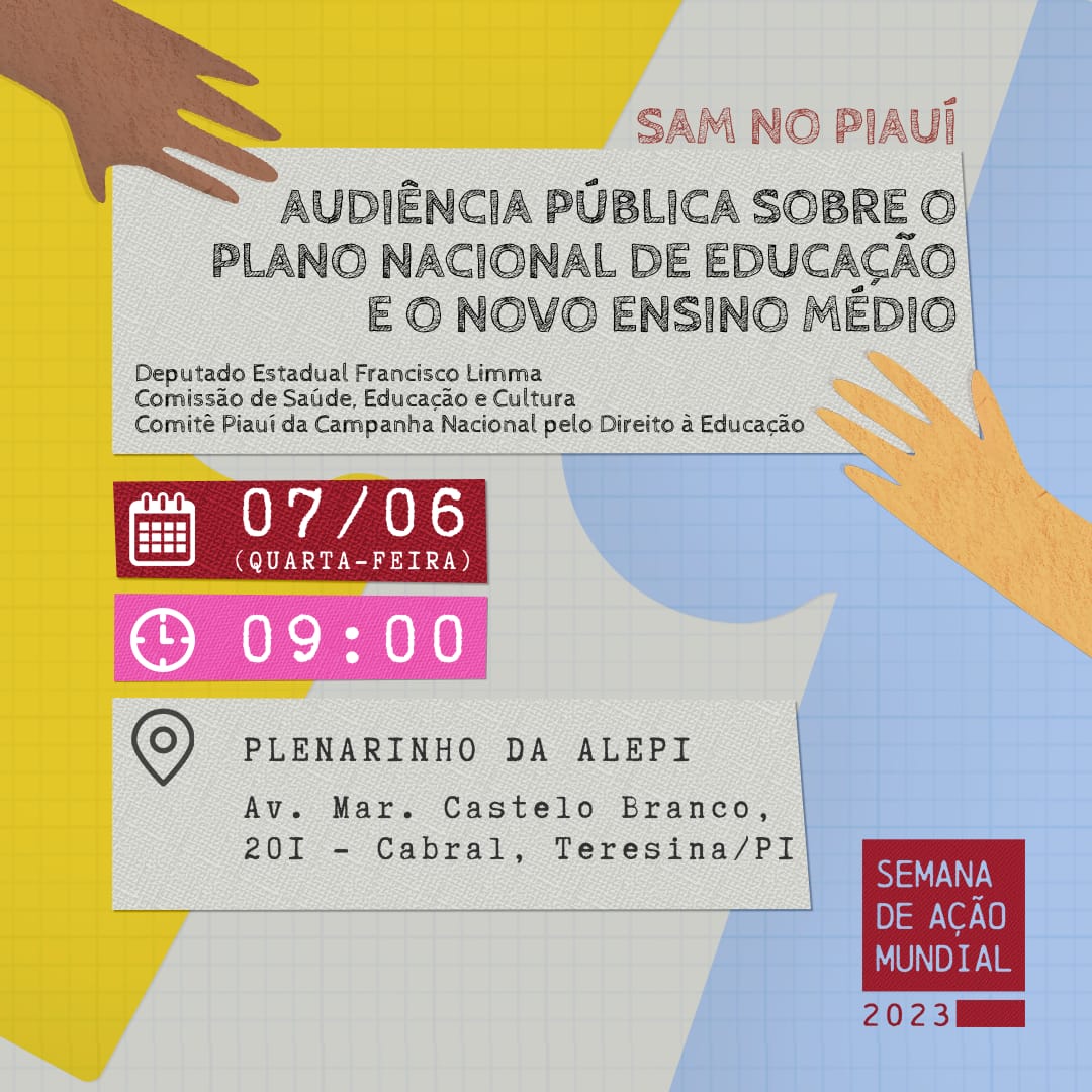 SAMPIAUI2023's tweet photo. Na próxima quarta-feira (7), a partir das 9h, vms lotar o plenarinho da Alepi na Audiência Pública sobre o PNE e o NEM! Educação do Piauí engajada na SAM2023! #DescolonizaFinanciamento #PNEpraValer #SemRetrocessoComOusadia https://t.co/5BTIrB7pfL