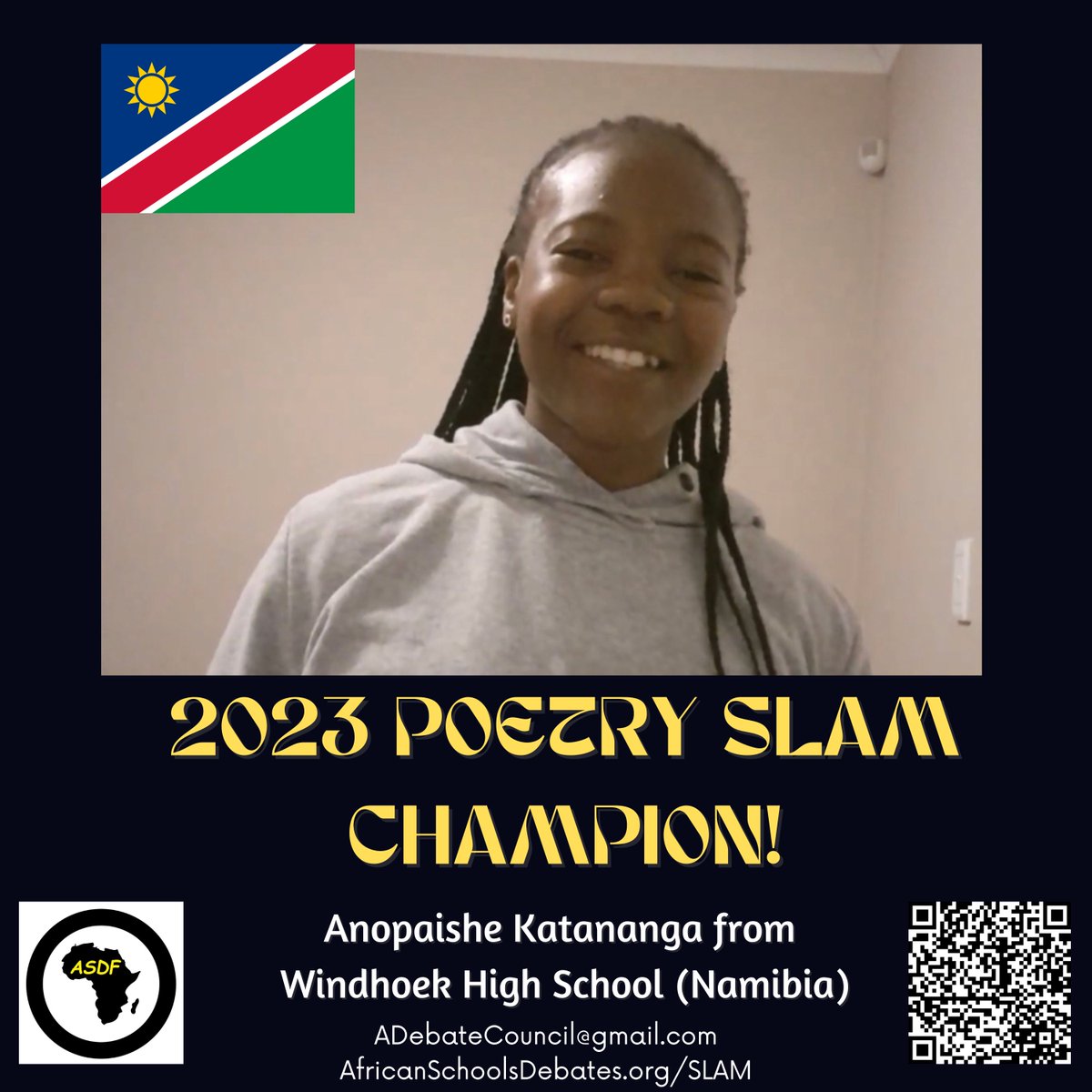 Congratulations to the 2023 ASDF Poetry Slam Champion: Anopaishe Katananga from Namibia!

Check out her very impressive slam video! youtu.be/35JCI69joZ8

#PoetrySlam #Poet #Poetry #AfricanPoets