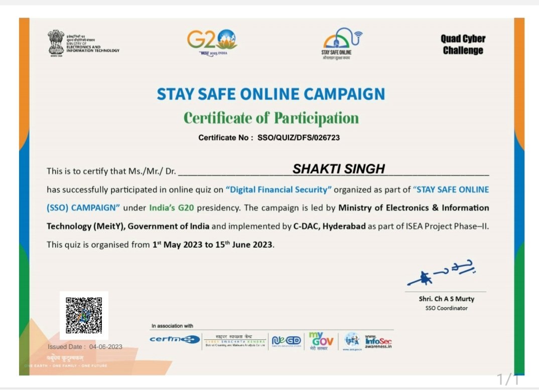 Be #Alert Be #safe
#staysafeonline #cybersecurity #g20india #g20dewg #g20org #g20summit #mygovindia #besafe #staysafe #ssoindia #india #QUAD #Quad2023  #QuadCyberChallenge #Ahmedabad #Gujarat #CyberSecurityAwareness