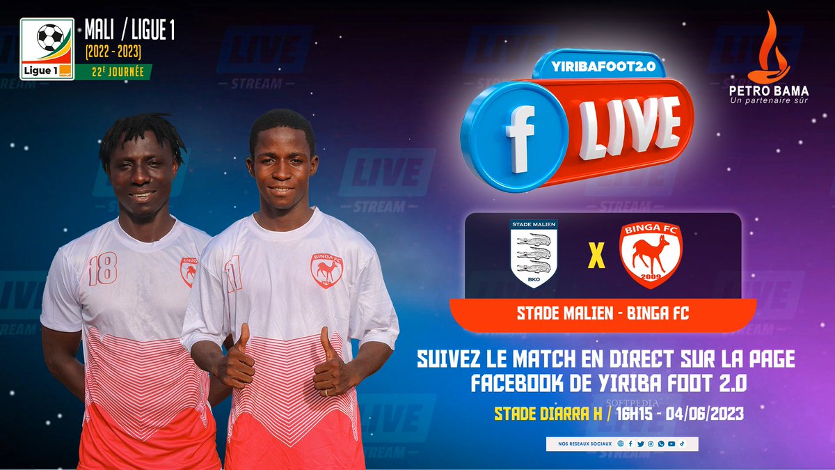 Yiribafoot's tweet photo. Mali - Ligue 1 (2022-2023)
#JOUR_DE_MATCH
🏁 Journée 22
⚔️ STADE MALIEN 🆚 BINGA FC
🏟 Stade Diarrah H
📅 Dim 04 juin 2023
⏰ 16h15 GMT
🎥 Yiriba Foot 2.0
Media Partner N°1 du Football https://t.co/svLUtTnLzn