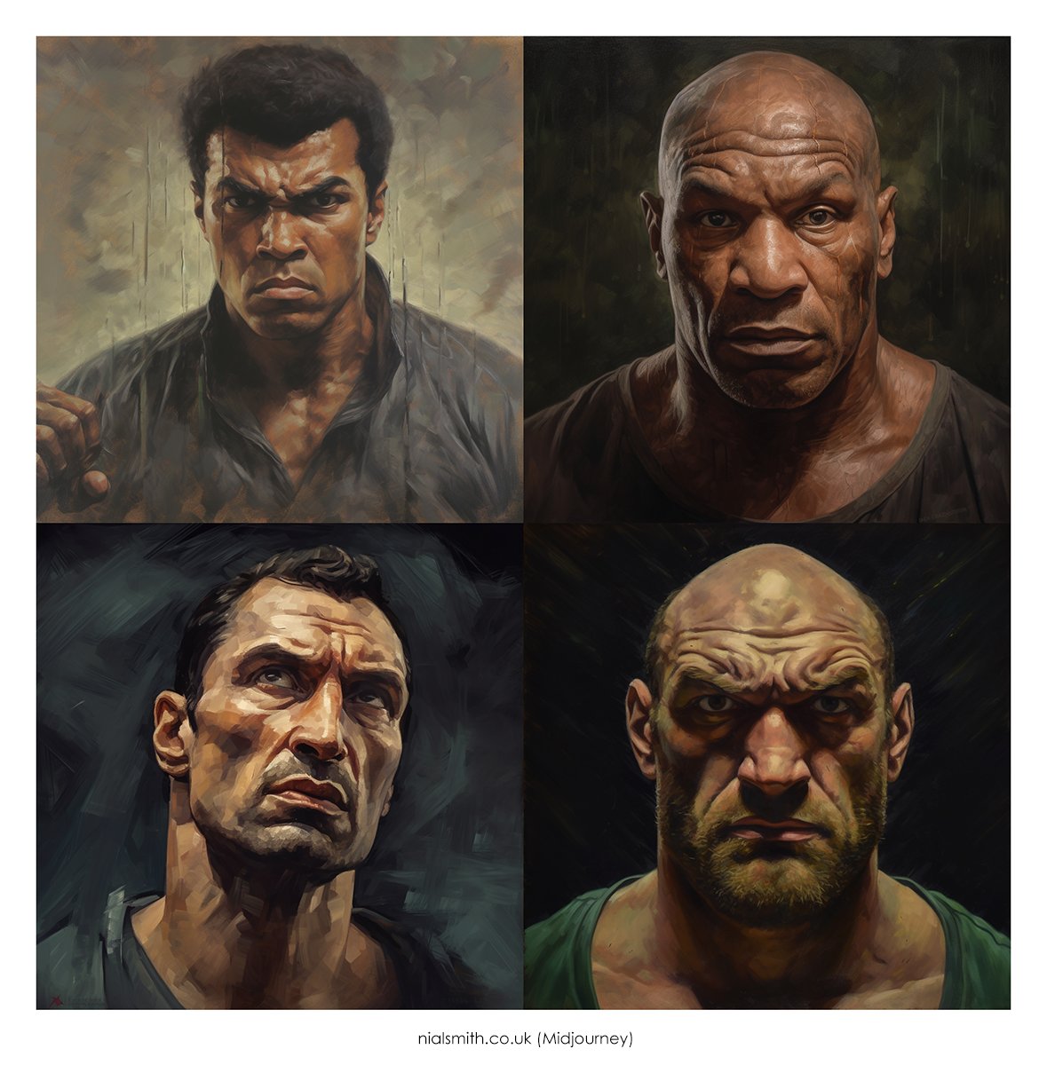 NialSmith's tweet image. Boxer portraits in the style of Peter Howson #PeterHowson #midjourney5