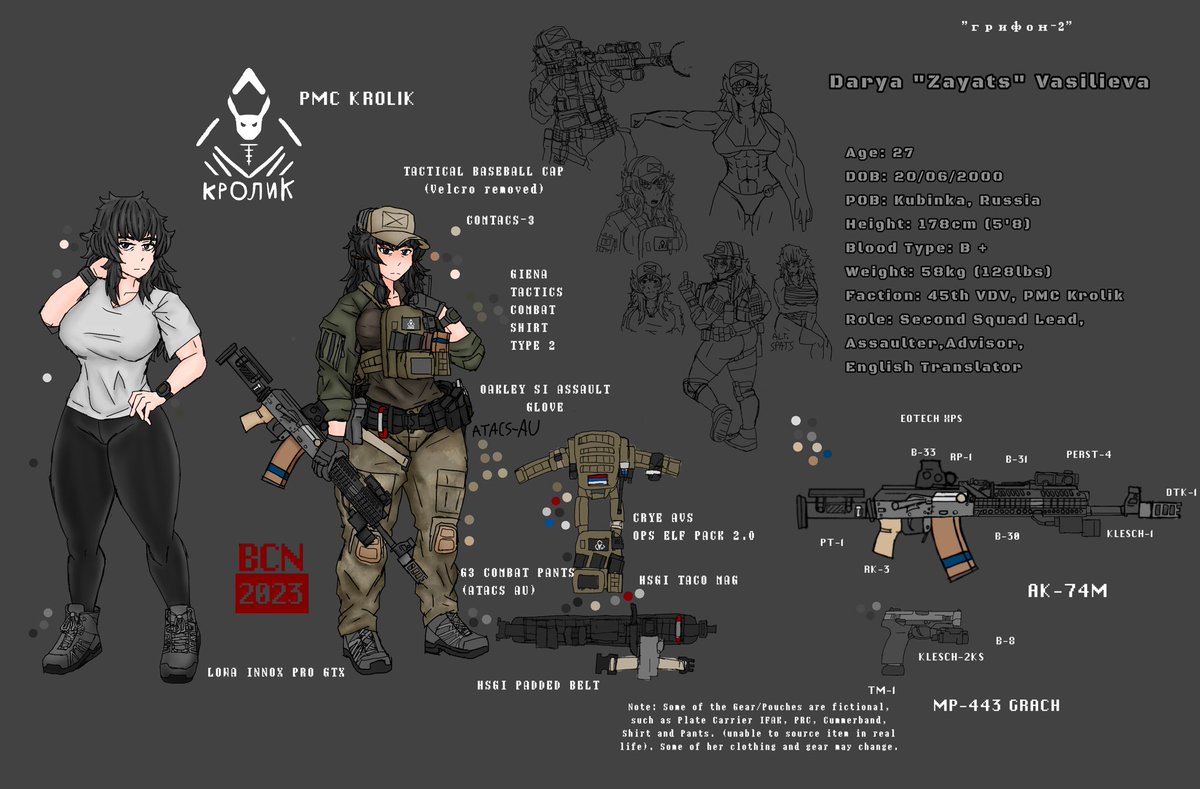 Darya "Zayats" Vasilieva ref sheet. 

Finally done! Very sick while making this ref sheet so apologies for the sporadic quality of drawing. 

Note: Some of the Gear/Pouches are fictional (unable to source item in real life). Some of her clothing and gear may change.