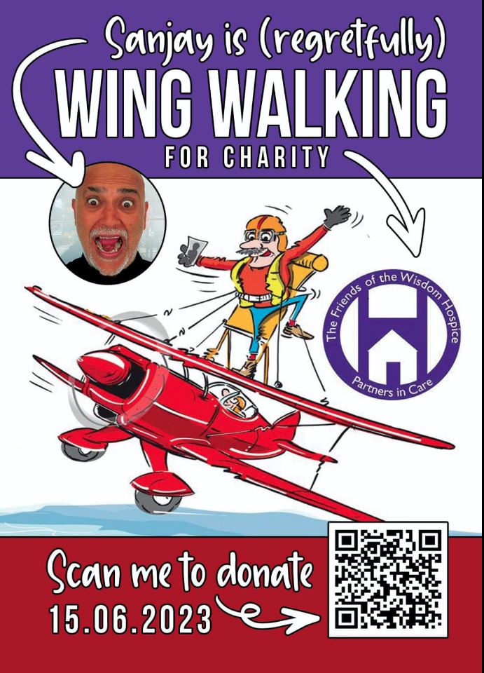 friendsofwisdom's tweet image. On 15th June Sanjay and colleagues at City Wall Wine Bar will be taking to the skies above Headcorn and #WingWalking for FOWH

We're so proud of you all 💜

justgiving.com/fundraising/sa… 
 
#friendsofwisdom #challenge #wingwalk #headcorn #taketotheskies
