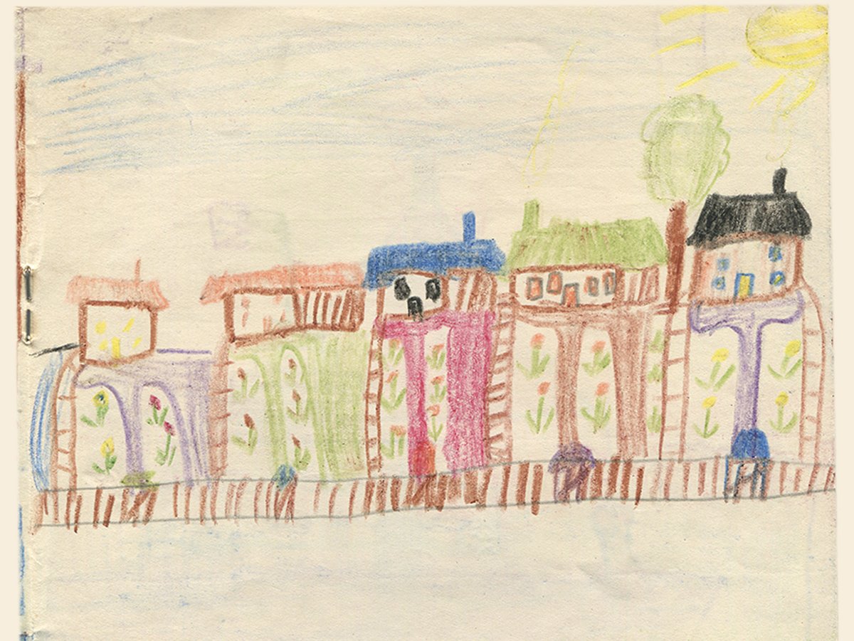 Another fine day in the neighbourhood. Further extract from my 'news' book, age 6 or 7. #childrensart #summer #gardens #ArtistOnTwitter #primaryschool #streetview #houses #childhood #crayons