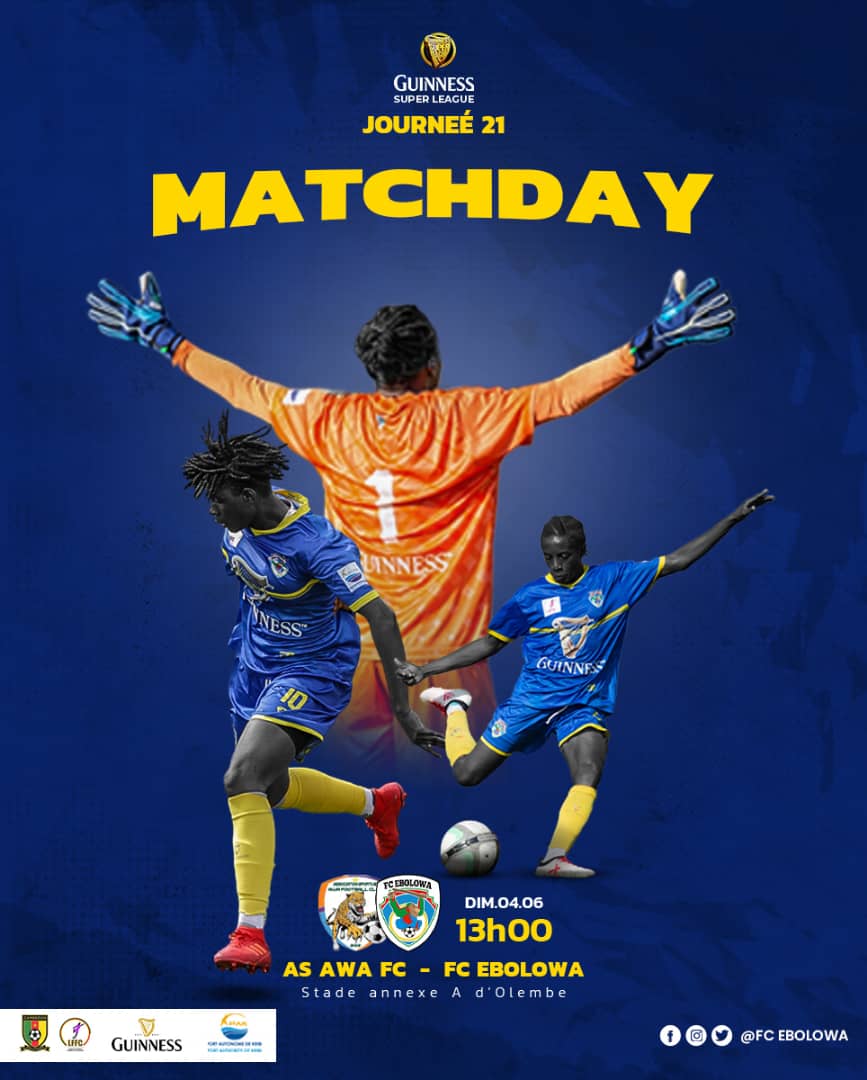 Mos Ebuma @GSuper_League  
JOUR DE MATCH @lffccam 
Game Day @FecafootOfficie 

@FCEbolowa  présentera ses hommages au champion 2021-2022  #AWA dès 13h00 à #Olembe

#MATCHDAY21
#GSL3
#mosebuma 
#LFFC
#Fecafoot
#PAK
#Footballféminin
#AWAFCE
#AnnexeA
#EnsembleEcrivonslHistoire