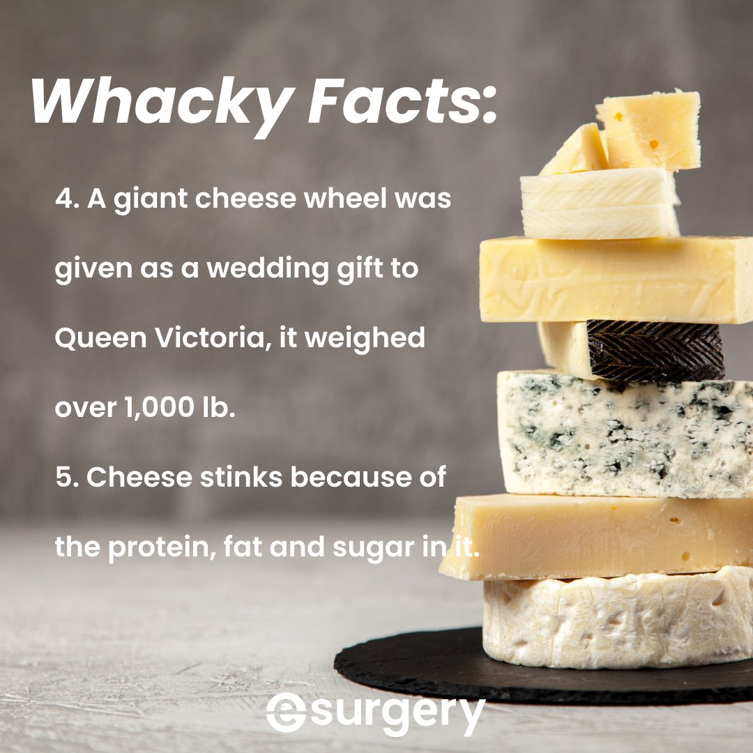 We’re massive cheese fans here at e-Surgery and we thought we’d share the joy of National Cheese Day with these whacky, cheesy facts! 🧀 

#nationalcheeseday #whackyfacts #cheesefacts #onlinepharmacy #smallbusiness