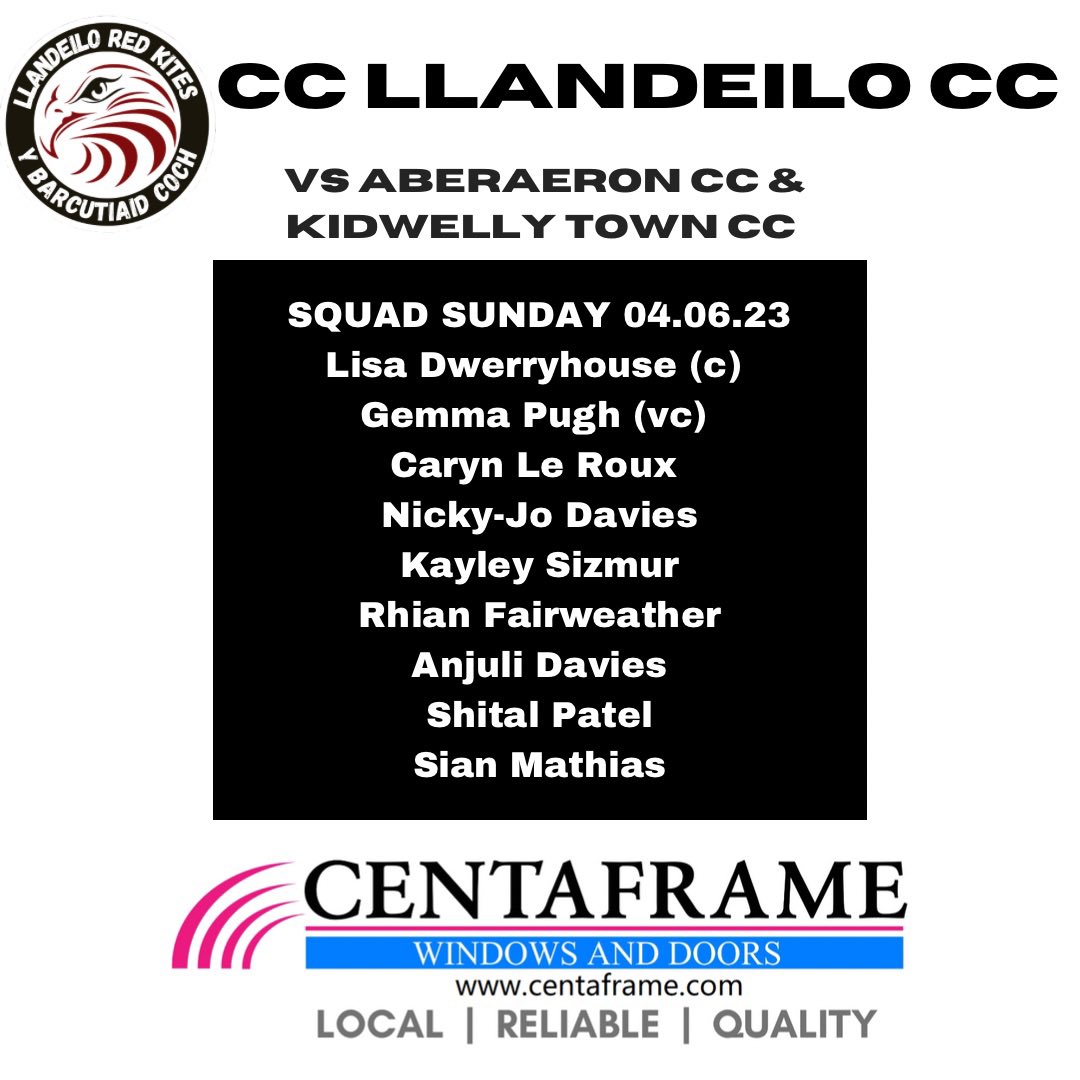 Squad for today’s round of games in the <a href="/WWomensCricket/">Wales Womens Cricket League</a> Carmarthenshire League 

1pm vs <a href="/CricedAberaeron/">Criced Aberaeron</a> 
3pm vs <a href="/KidwellyTownCC/">Kidwelly Town CC Tref Cydweli</a> 

Enjoy the experience 

Dyma’r carfan ar gyfer ein gemau heddiw.

1yh vs <a href="/CricedAberaeron/">Criced Aberaeron</a> 
3yh vs <a href="/KidwellyTownCC/">Kidwelly Town CC Tref Cydweli</a> 

Mwynhewch y profiad