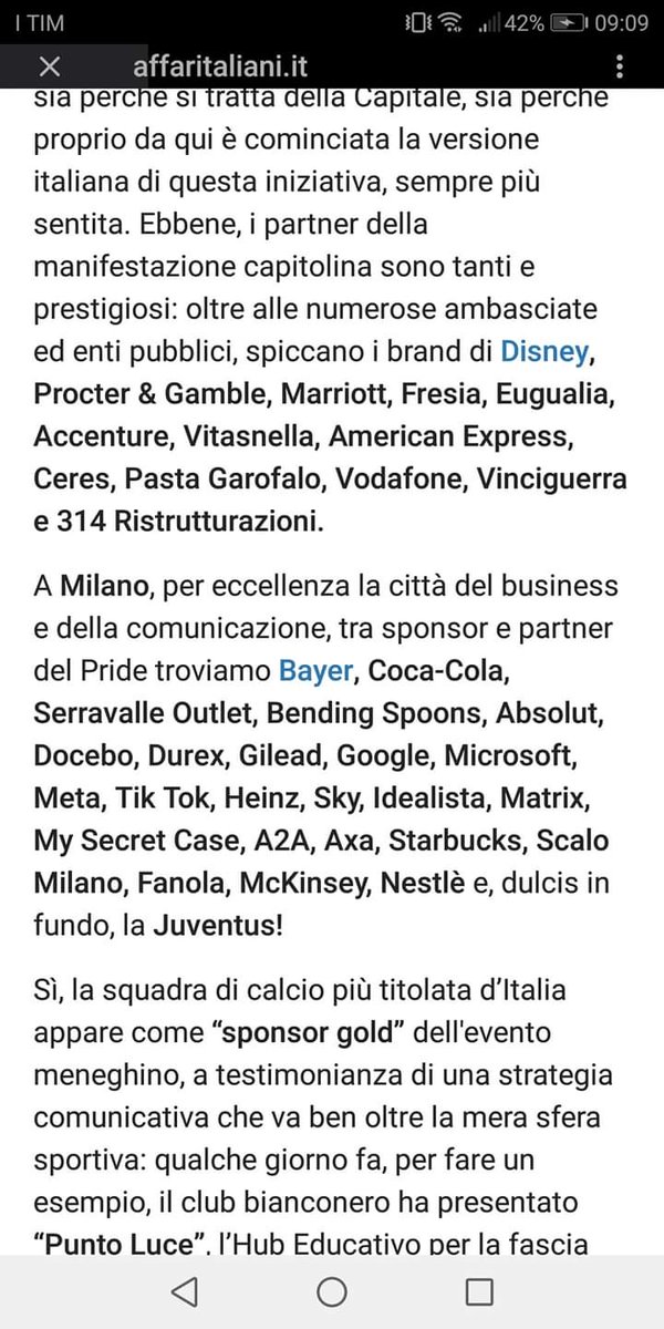 Tutti marchi da BOICOTTARE.

Una pioggia di sponsor per il Pride, c'è anche la Juventus!

👇👇👇
Disney, Procte&amp;Gamble,
Marriott, Fresia, Eugualia,
Accenture, Vitasnella,
American Express, Ceres,
Pasta Garofalo, Vodafone, Vinciguerra e 114 ristrutturazioni, Bayer, Coca Cola,